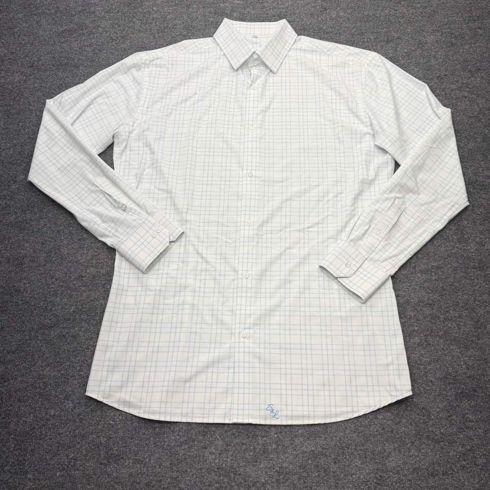 S&L Mens 2XL White Blue Windowpane Check Stretch Performance Button Down Shirt